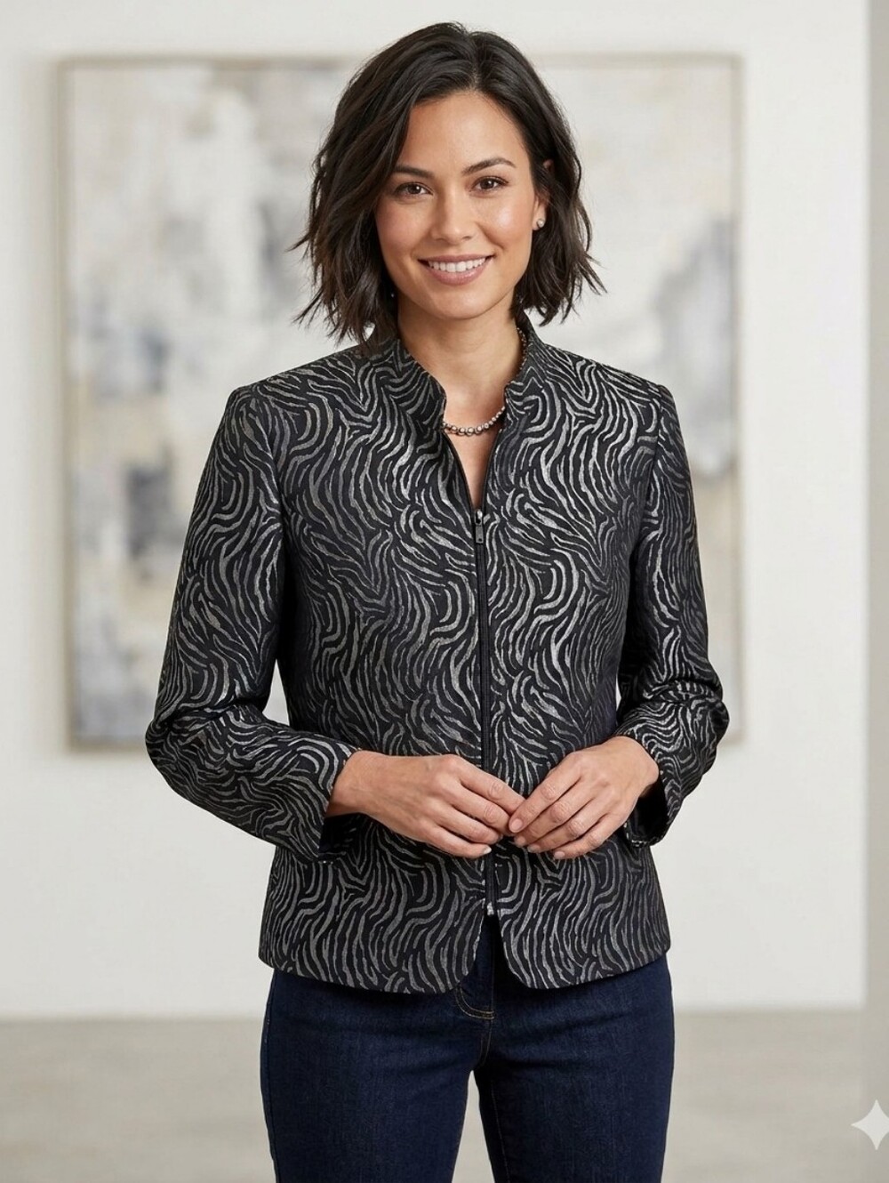 Laura Petites Metallic Zebra-Print Jacket in Black & Silver
